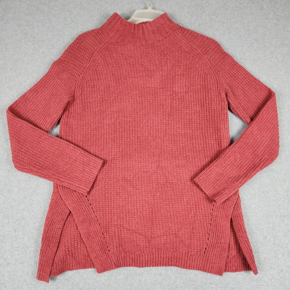 A‎ New Day Sweater Womens XS Rose Pink Chenille Side Slit Relaxed Fit Mock Neck